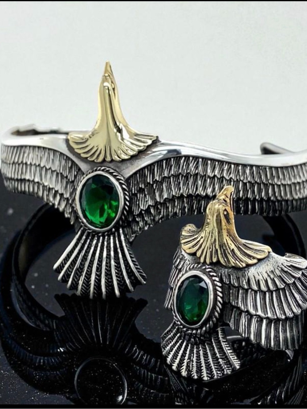 Silver Tone Eagle Cuff Bracelet with Green Stone and Gold Accent